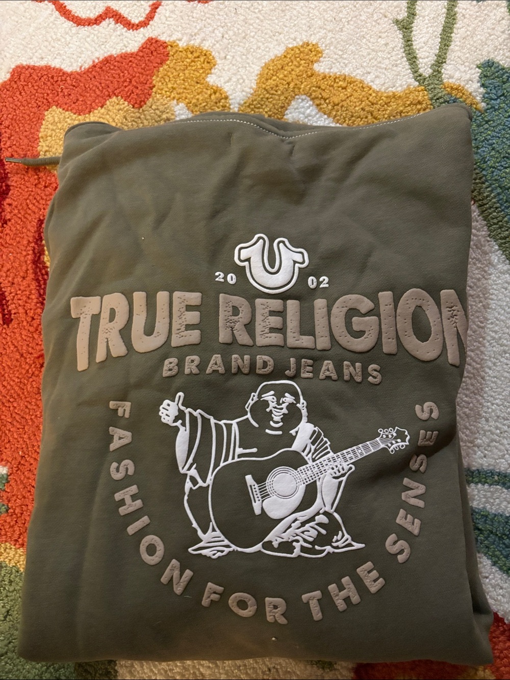 True Religion Olive Logo Pullover with Guitar Buddha